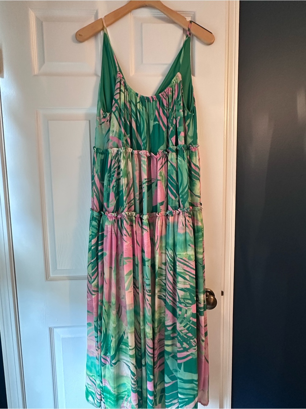 Flying Tomato Green and Pink Tropical Tiered Maxi Dress